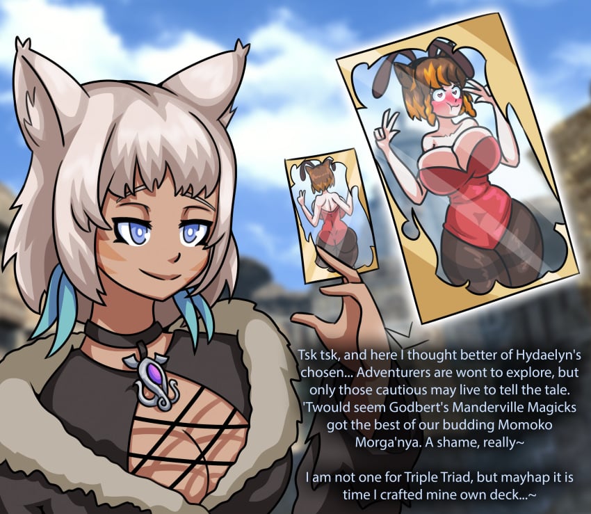 ass blue_eyes breasts brown_hair bunny_costume bunnysuit card card_game card_transformation dark_skin duo female female_only final_fantasy_xiv flattened grin heart_eyes inanimate_transformation miqo'te noelle-and-hannah original_character playing_card pressed_against pressed_on_glass shrunk size_difference transformation white_hair women y'shtola