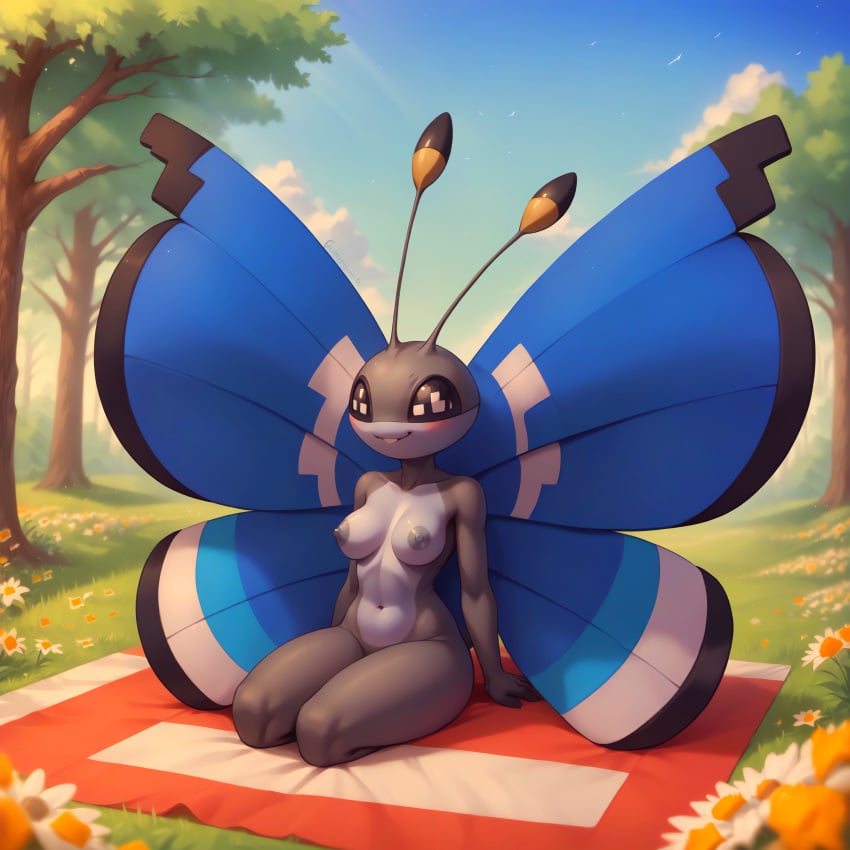 ai_generated day furry furry_female gobabsnow medium_breasts picnic pokemon pokemon_(species) sexy solo vivillon wings