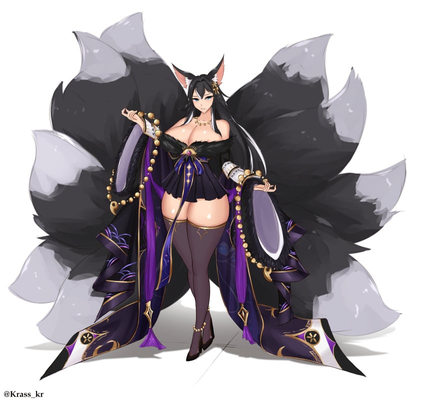 animal_ears azur_lane big_breasts black_and_white_hair black_hair black_hair_female blue_eyes blue_eyes_female breasts cleavage cosplay female high_heels light_skin light_skinned_female long_hair multicolored_hair musashi_(azur_lane) signe_brachirsdottr_(azaertia) stockings thick_thighs wide_hips