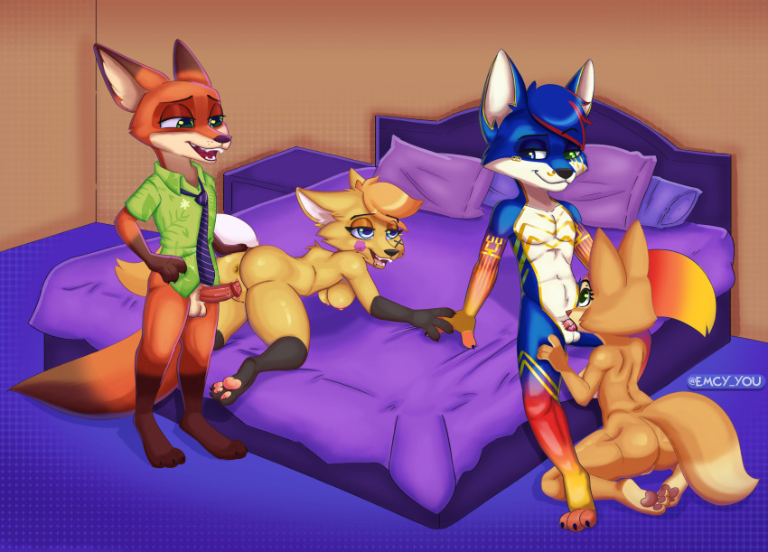 absurd_res anthro bodily_fluids canid canine diane_foxington disney dreamworks emcy_you fellatio female fox genitals group hand_holding henryfox hi_res looking_at_another looking_pleasured male male/female mammal nick_wilde oral penetration penile penis pussy sex the_bad_guys universal_studios vaginal_penetration zootopia