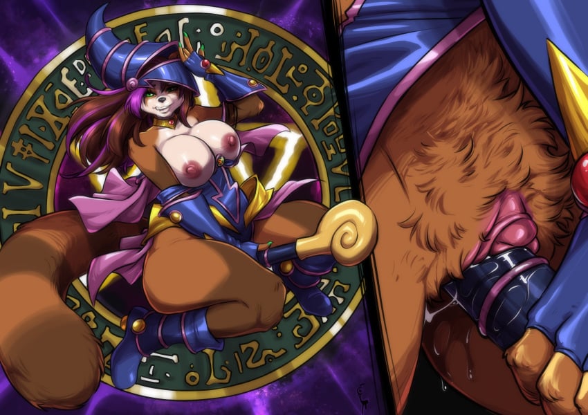 1girls areolae big_breasts biting_own_lip blizzard_entertainment breasts_out brown_fur brown_hair cosplay countershading dark_magician_girl_(cosplay) drooling female female_only fur furry green_eyes hi_res kiku_(white_knight19) konami long_hair looking_at_viewer narrowed_eyes naughty_face nipples pandaren pandaren_female purple_highlights pussy pussy_juice rubbing rubbing_pussy smiling smiling_at_viewer solo tail thick_thighs turtlechan ursid warcraft world_of_warcraft yu-gi-oh!