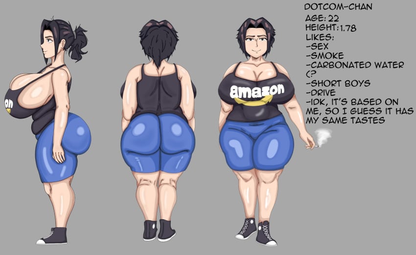 amazon_(company) big_ass big_breasts big_butt big_thighs black_eyes black_hair character_sheet dotcomjk2_(artist) dress_lift oc only_female shorts standing tank_top tied_hair