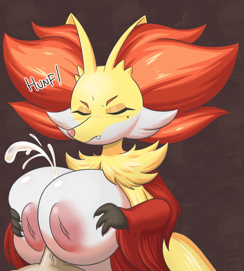 cum delphox ejaculation_between_breasts furry_female huge_breasts inverted_nipples paizuri paizuri_lead_by_female pokemon_(species) pokephilia shy_expression zeradias