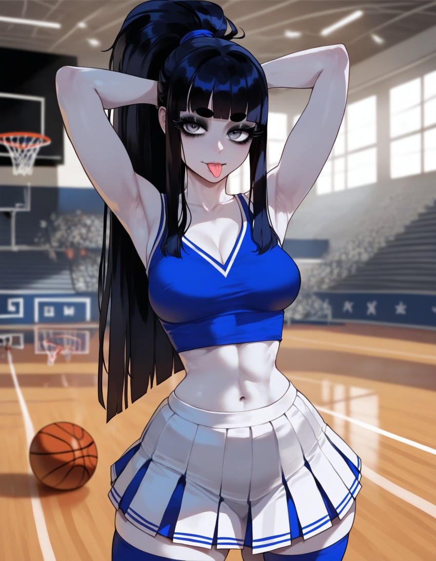 1girls ai_generated artstyle_imitation ass bangs basketball bella_(xandr) black_hair black_makeup blue_crop_top blue_stockings blunt_bangs breasts cheering cheerleader cheerleader_outfit cheerleader_uniform crop_top ear_piercing earrings emotionless eyelashes eyeshadow female goth goth_girl grey_eyes light-skinned_female looking_at_viewer makeup medium_breasts pale-skinned_female pleated_skirt ponytail skirt solo sports sports_uniform stockings straight_hair thiccwithaq_(ai_style) thick_ass thick_legs thick_lips thick_thighs thighs thin_female thin_waist tongue tongue_out voluptuous voluptuous_female white_skin xandr young