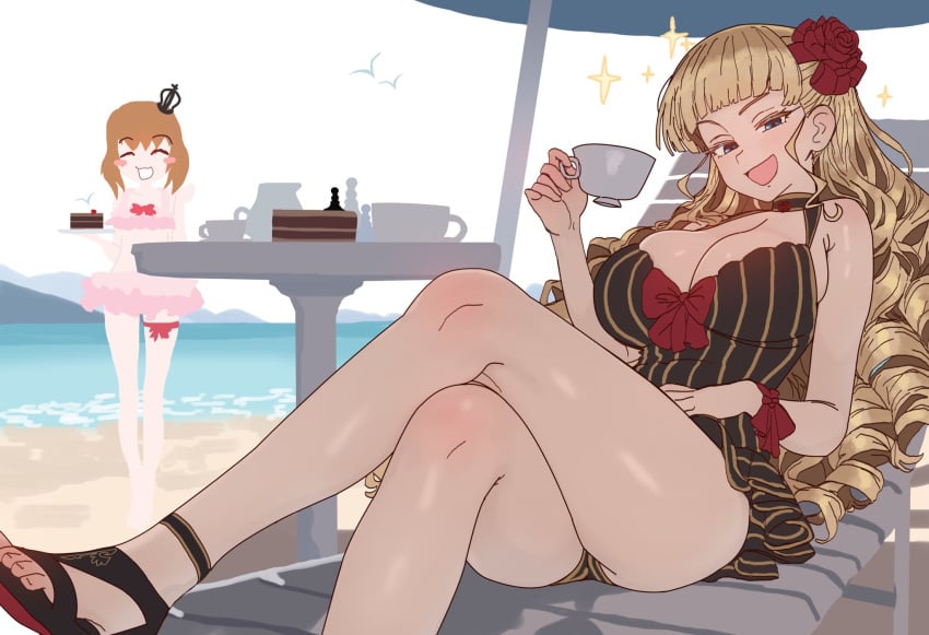 2girls :d beach_chair beach_umbrella beatrice_(umineko) blonde_hair blue_eyes blush_stickers bow breasts brown_hair cake cake_slice cleavage commentary crossed_legs crown cup ebora english_commentary flower food hair_flower hair_ornament highres holding holding_cup holding_plate large_breasts long_hair mini_crown multiple_girls one-piece_swimsuit open_mouth pink_one-piece_swimsuit plate red_bow red_flower red_rose rose sandals sitting smile striped_clothes swimsuit teacup thigh_strap umbrella umineko_no_naku_koro_ni ushiromiya_battler vertical-striped_clothes wrist_bow