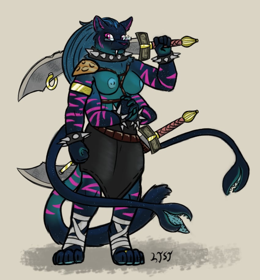 armor domestic_cat dual_swords felid feline felis female hi_res longtailshorttemper mammal melee_weapon revealing_clothes sword tirga weapon