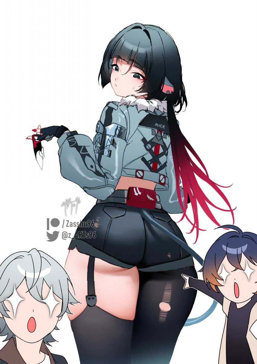 1boy 2girls absurdres animal_ears ass ass_focus belle_(zenless_zone_zero) big_ass black_hair blue_hair blush embarrassed from_behind gluteal_fold highres jane_doe_(zenless_zone_zero) long_hair looking_at_viewer looking_back looking_down low_ponytail multicolored_hair multiple_girls short_hair short_shorts shorts tail thick_thighs thighs very_long_hair white_hair wise_(zenless_zone_zero) zasshu zenless_zone_zero