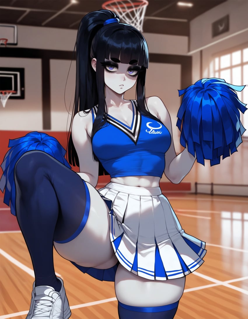 1girls ai_generated artstyle_imitation ass bangs basketball bella_(xandr) black_hair black_makeup blue_crop_top blue_stockings blunt_bangs breasts cheering cheerleader cheerleader_outfit cheerleader_uniform crop_top ear_piercing earrings emotionless eyelashes eyeshadow female goth goth_girl grey_eyes light-skinned_female looking_back makeup medium_breasts pale-skinned_female pleated_skirt skirt solo sports sports_uniform stockings straight_hair thiccwithaq_(ai_style) thick_ass thick_legs thick_lips thick_thighs thighs thin_female thin_waist voluptuous voluptuous_female white_skin xandr young