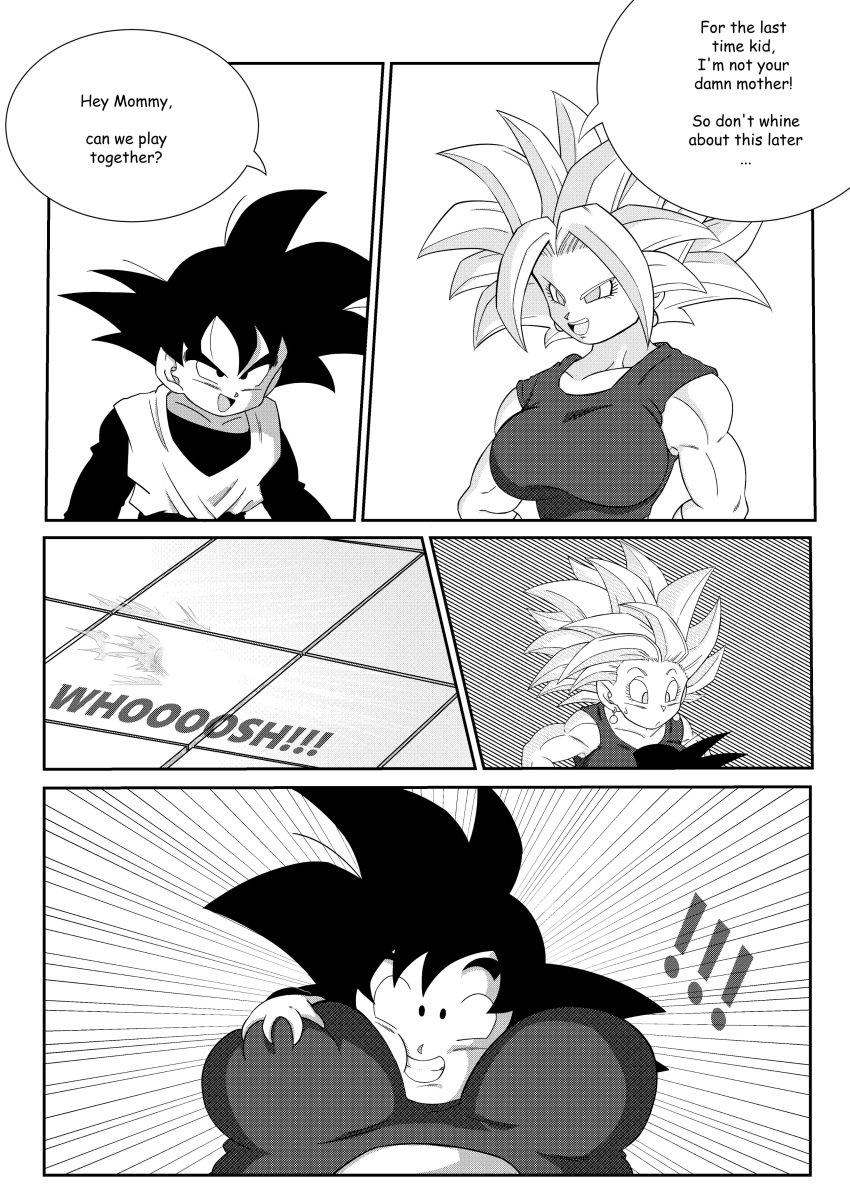 big_breasts black_hair caulifla comic_page comic_panel doujin doujinshi dragon_ball dragon_ball_sparking!_zero dragon_ball_super dragon_ball_z goten green_eyes green_hair halftone kale kefla kefla_(dragon_ball) muscular_female one_page_comic son_goten tomboy