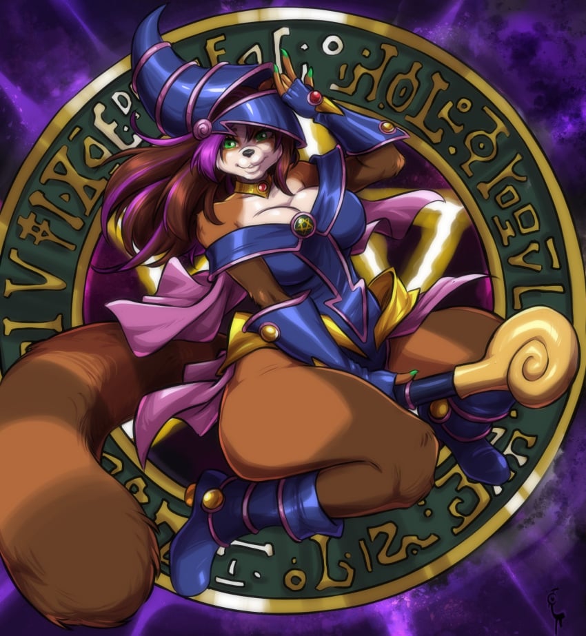 1girls big_breasts blizzard_entertainment brown_fur brown_hair cosplay countershading dark_magician_girl_(cosplay) female female_only fur furry green_eyes hi_res kiku_(white_knight19) konami long_hair looking_at_viewer pandaren pandaren_female purple_highlights smiling smiling_at_viewer solo tail thick_thighs turtlechan ursid warcraft world_of_warcraft yu-gi-oh!