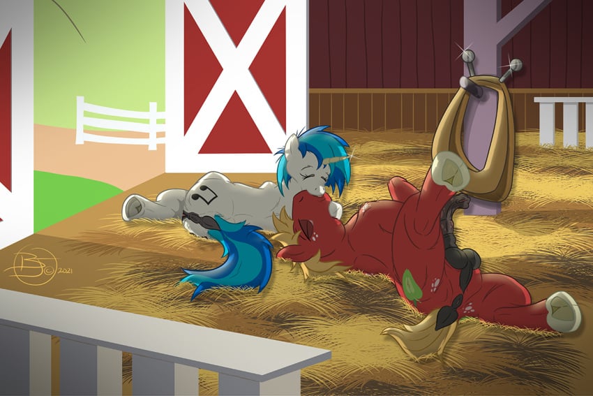 anus balls barn big_macintosh_(mlp) duo female feral friendship_is_magic genitals half-erect hasbro kissing lying male male/female my_little_pony on_side penis perineum pussy semi-anthro sherwood side_view vinyl_scratch_(mlp)