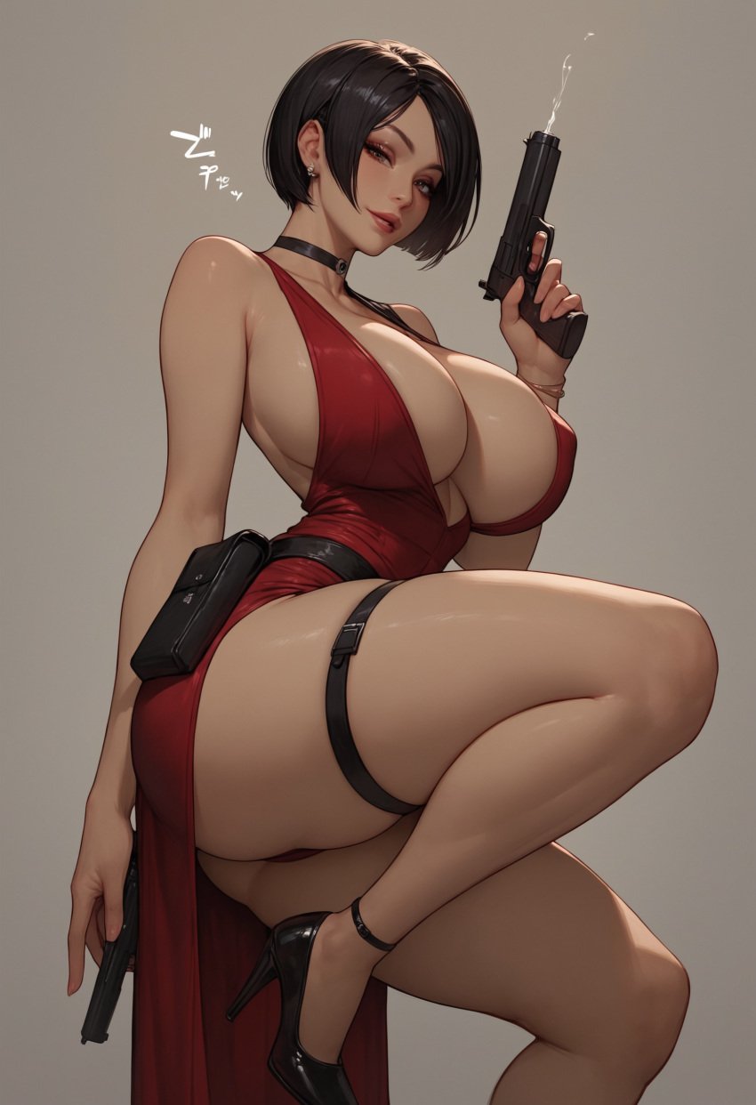 1girls ada_wong ai_generated bob_cut brown_eyes dark_hair dress edenaiart gun high_heels looking_at_viewer resident_evil short_hair slim_waist solo