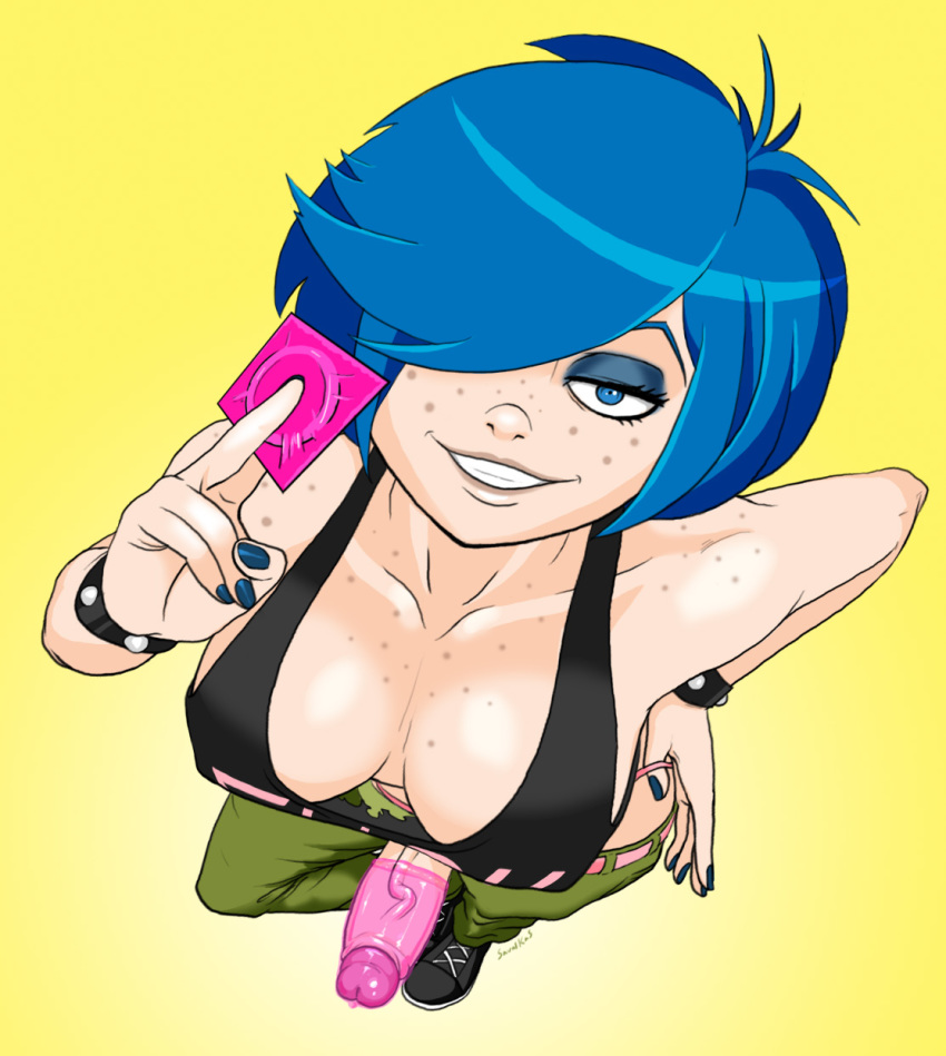 1futa big_breasts bimbo blue_eyes blue_hair breasts cartoon_network cleavage condom condom_on_penis ed_edd_n_eddy erection eyeshadow freckles from_above futa_only futanari hair_over_one_eye human intersex kanker_sisters large_breasts lipstick looking_at_viewer makeup marie_kanker penis savalkas smile solo solo_futa studded_bracelet tank_top thong whale_tail