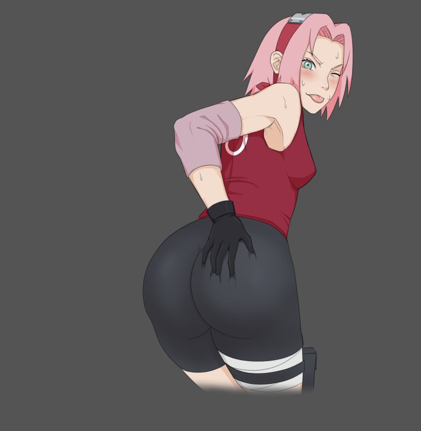 1girls 2d alternate_version_available artist_request ass bending_over bent_over blush clothed female full_color fully_clothed green_eyes hand_on_ass headband looking_at_viewer looking_back looking_back_at_viewer naruto naruto_(series) naruto_shippuden no_penetration pink_hair sakura_haruno sakura_haruno(shippuden) short_hair shorts small_breasts solo solo_female sweat sweating tongue tongue_out wink winking_at_viewer