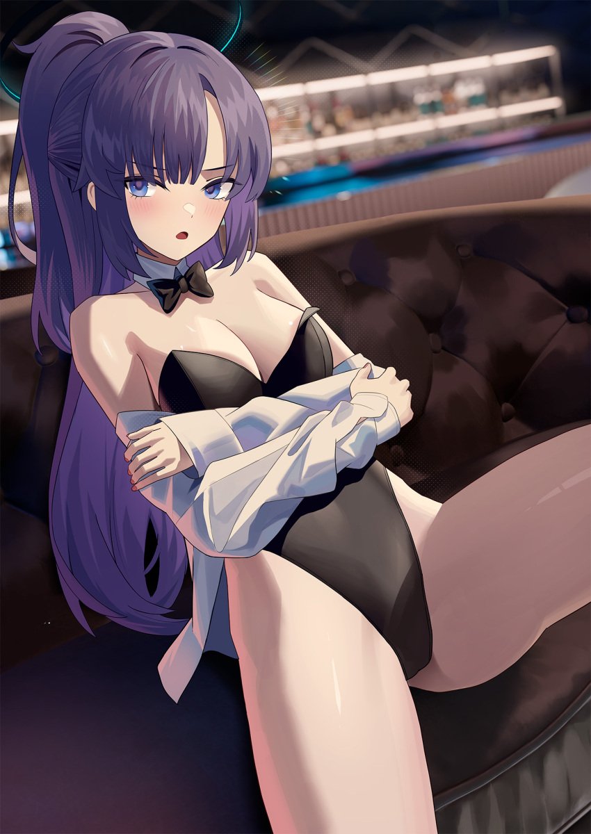 alternate_hairstyle animal_ears arm_under_breast arm_under_breasts arms_crossed arms_crossed_under_breasts arms_under_breasts bare_shoulders black_halo black_leotard black_topwear blue_archive blue_eyes blue_eyes_female blurred_background blurry_background blush blush_face blushed_face blushing_at_viewer blushing_face blushing_female bow bowtie breasts cirilla_lin crossed_arms detached_collar embarrassed embarrassed_exposed_female embarrassed_expression embarrassed_female fake_animal_ears female fingernails frown frown_eyebrows frowning frowning_at_viewer halo high_ponytail indoor indoors knee_up leotard long_hair looking_to_the_side nail_polish nails off_shoulder open_clothes open_clothing open_mouth open_shirt open_topwear parted_lips playboy_bunny ponytail purple_eyebrows purple_hair purple_hair_female rabbit_ears red_fingernails red_nail_polish red_nails shirt sidelocks sitting strapless strapless_leotard tongue topwear traditional_bowtie unbuttoned unbuttoned_shirt white_shirt white_topwear yuuka_(blue_archive)