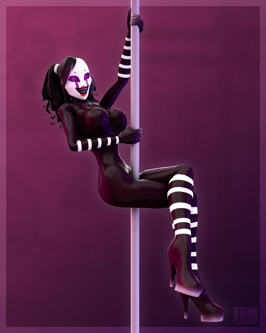 3d 3d_(artwork) black_body dance female five_nights_at_freddy's fnaf high_heeled_shoes high_heels marionette_(fnaf) pole_dancing puppet_(fnaf) purple_eyes robot robot_girl solo