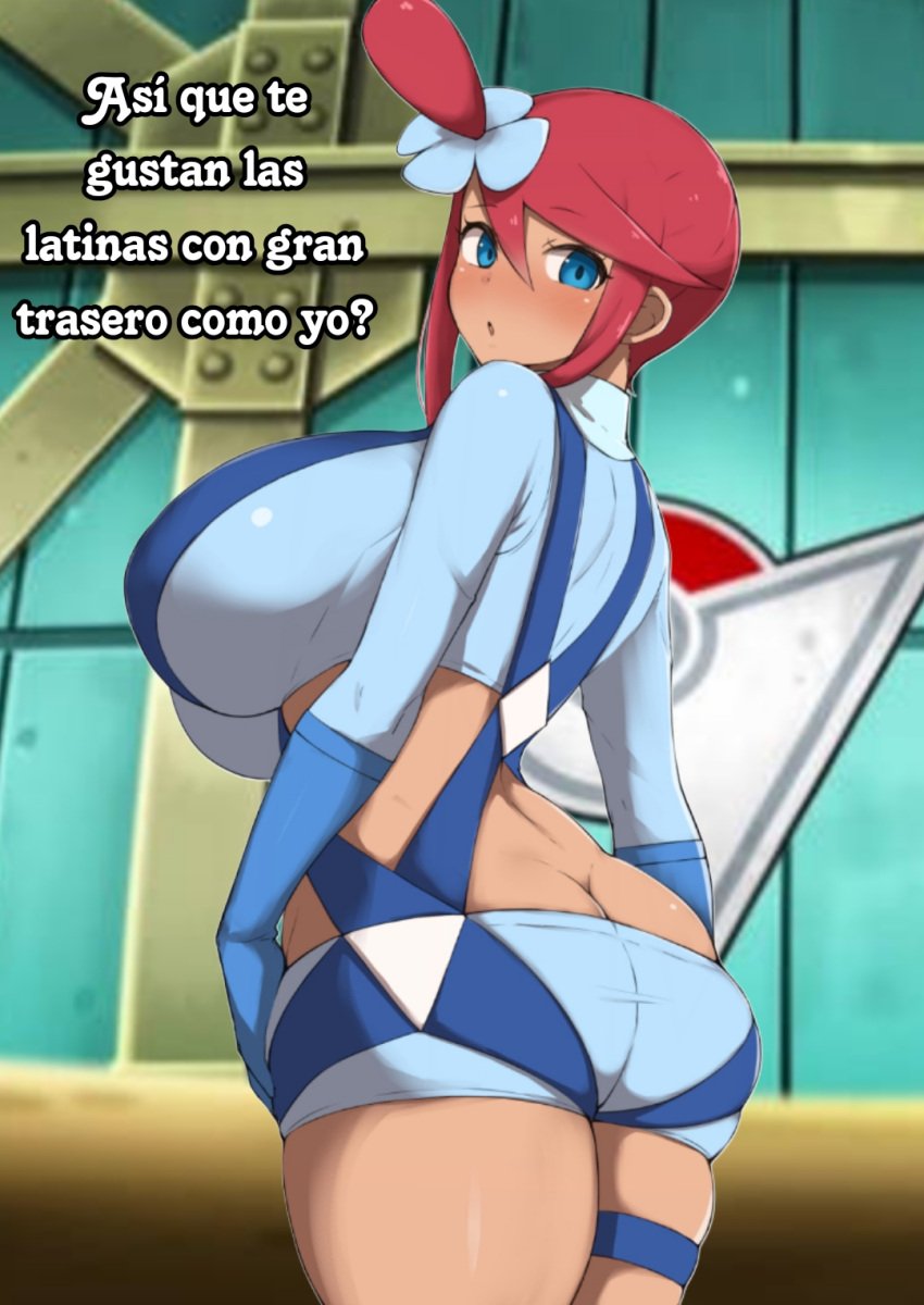 1girls 2024_pokemon_teraleak ass blue_eyes blue_shirt blush breasts butt_crack commentary creatures_(company) female game_freak highres huge_breasts latina long_hair long_sleeves looking_at_viewer looking_back nintendo open_mouth pokemon pokemon_bw raceplay red_hair shirt short_shorts shorts sidelocks simple_background skyla_(pokemon) solo spanish spanish_text standing symbol-only_commentary tan-skinned_female tan_skin text white_background y_shaped_butt_crack yamaori