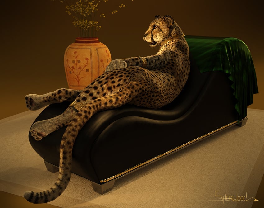 3d chair cheetah digital_media_(artwork) felid feline female feral furniture jewelry looking_aside lounge_chair lying mammal on_side open_mouth pawpads rear_view sherwood solo tail