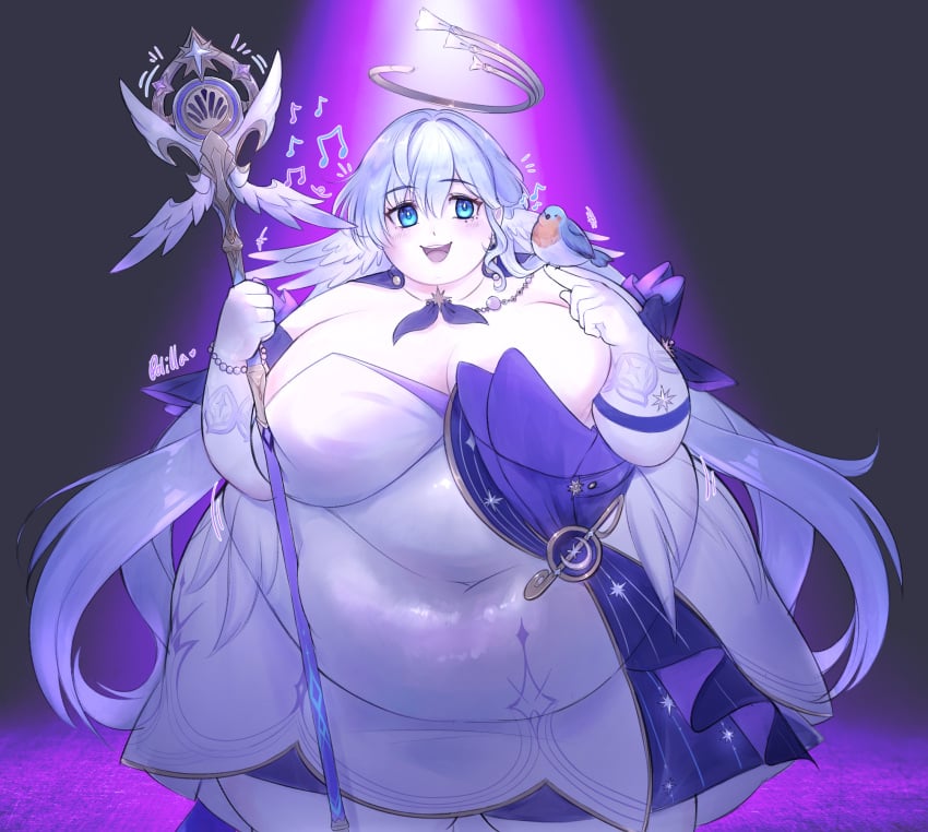 1girls bbw belly belly_overhang big_belly bird bird_girl blue_hair fat honkai:_star_rail hoyoverse large_breasts mihoyo obese obese_female polillalunatica robin_(honkai:_star_rail) smile weight_gain