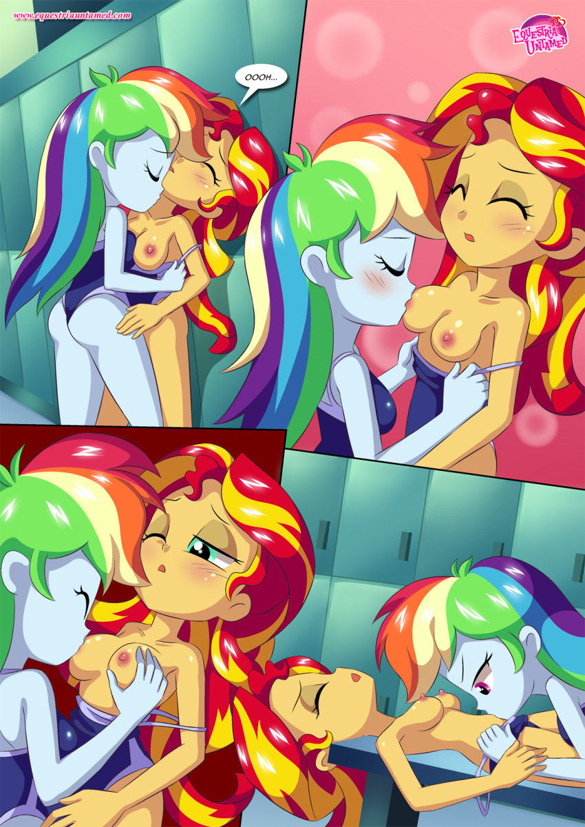 2girls comic comic_page dialogue english_text equestria_girls equestria_untamed female female_only human_only humanized long_hair multiple_girls my_little_pony nipples physical_education rainbow_dash_(eg) rainbow_dash_(mlp) rainbow_hair smooth_skin speech_bubble sucking sunset_shimmer swimsuit undressing_another yuri