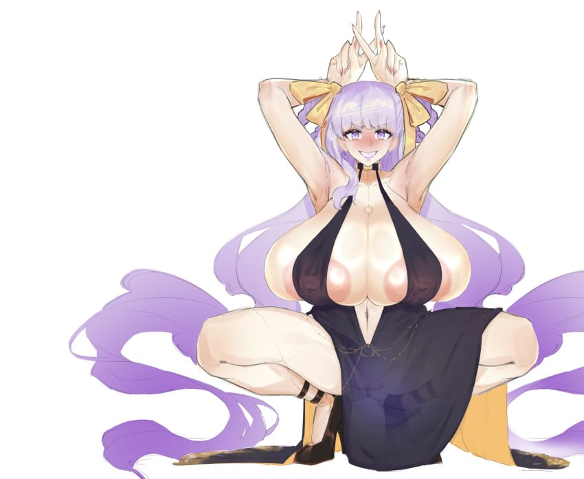 1girls areola areola_slip areolae arms_behind_head arms_up bare_shoulders barely_contained_breasts bb_(fate) bb_dubai_(fate) black_dress blush braid braided_hair_rings breasts busty center_opening cleavage double_v dress fate/grand_order fate_(series) female female_only fingernails gigantic_breasts hair_ribbon hair_rings high_heels huge_breasts kaedehito_sb light-skinned_female light_skin lipstick long_hair looking_at_viewer navel nipple_bulge nipples nipples_visible_through_clothing painted_nails purple_eyes purple_hair pussy pussy_peek pussy_visible_through_clothes simple_background solo squatting teeth translucent translucent_clothing v vagina very_long_hair white_background