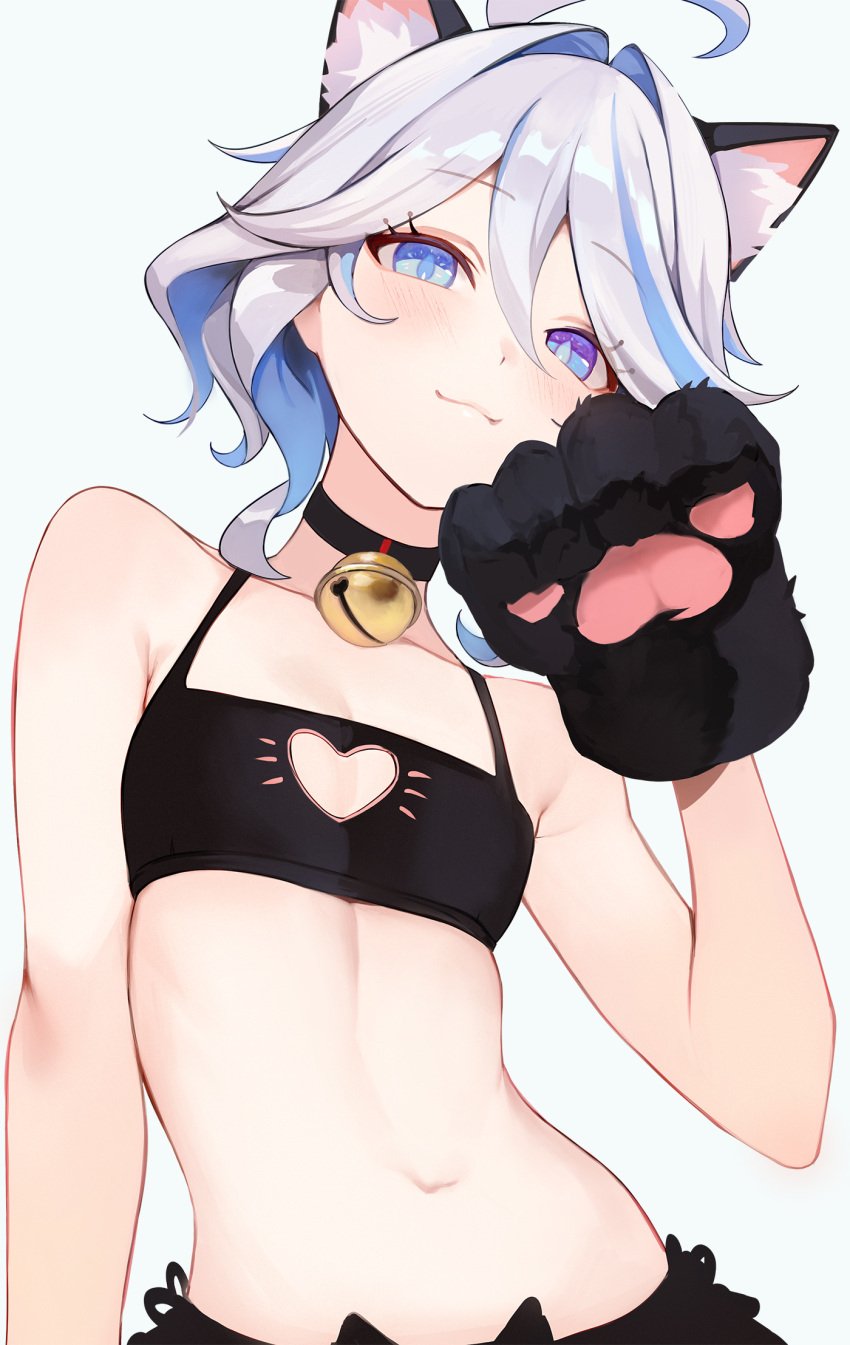 anthro blue_eyes blue_hair blush breasts cat_ears cat_lingerie catgirl choker cleavage cute furina_(genshin_impact) genshin_impact halloween heart heart_cutout hi_res looking_at_viewer midriff paws seductive small_breasts smile white_hair