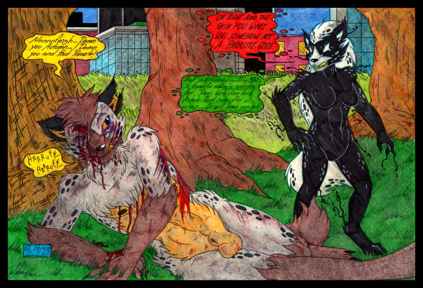 2023 anthro autumn_williams balls black_border blood bodily_fluids border colored_pencil cougar_leon duo feet female fur genitals hair hi_res humanoid hyena hysteria_klyntar javier_hernandez male male/female mammal markings marvel nipples nude paws simple_background spots spotted_body spotted_fur spotted_hyena symbiote tail text traditional_media_(artwork) were werehyena