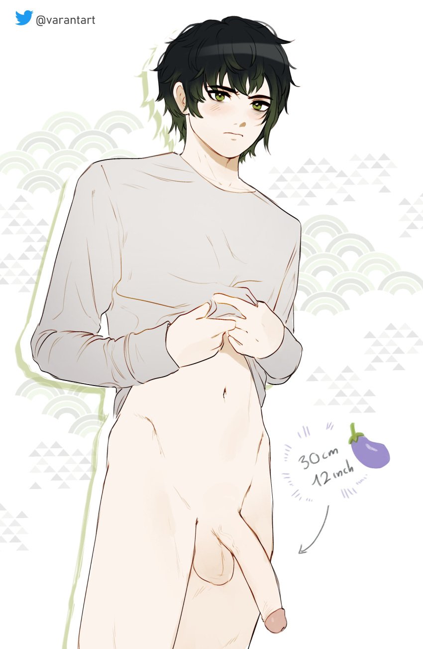 1boy berskii_mark big_penis black_hair clothed danganronpa fanganronpa green_eyes green_hair long_penis male male_only penis penis_out project:_eden's_garden skinny skinny_male straight_hair twink varantart white_skin