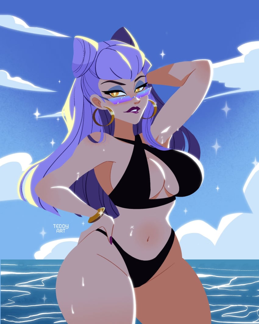 1girls big_breasts bikini biting_lip blue_sky bracelet cleavage earrings evelynn eyeshadow female hand_behind_head hand_on_hip hoop_earrings k/da_evelynn k/da_series league_of_legends lipstick long_hair looking_at_viewer navel ocean pose posing purple_hair seductive_look solo sweat teddy_art thick_thighs two_tone_hair yellow_eyes