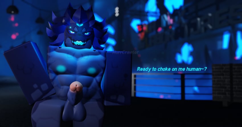 1boy 3d depth_of_field dialogue erection gay gootraxian kaiju_(kaiju_paradise) kaiju_paradise murrcrawler muscles muscular muscular_male roblox roblox_game robloxian self_upload suggestive suggestive_pose tagme text watermark