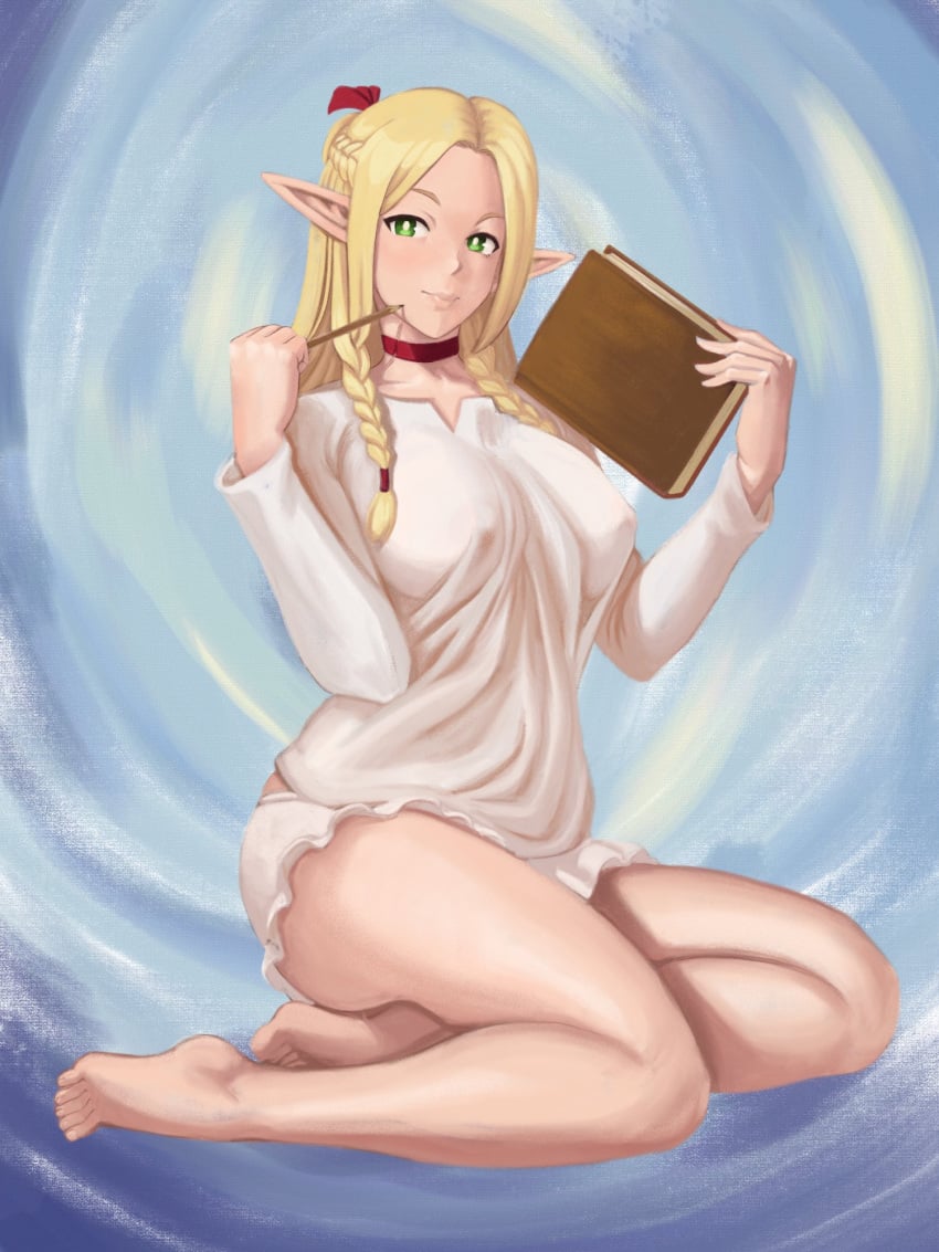 1girls bare_legs barefoot blonde_hair book choker delicious_in_dungeon dungeon_meshi elf female green_eyes kneeling legs long_hair marcille_donato nipple_bulge nipples_visible_through_clothing no_bra pencil pointy_ears see-through see-through_clothing shirt smile solo zilvan