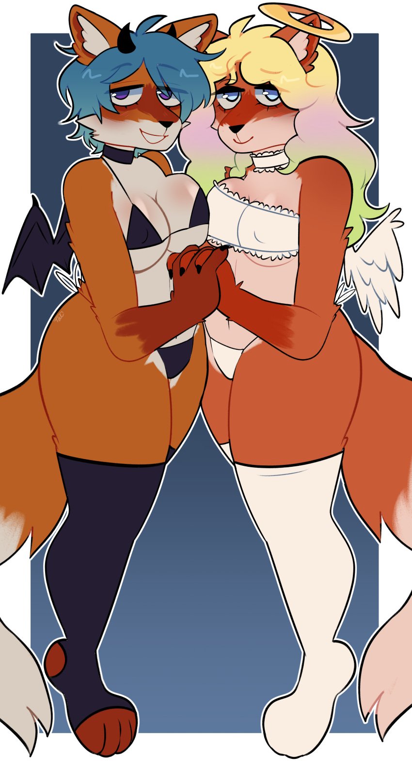 angel_costume blonde_hair cosplay cute danica_hyton demon_costume dyed_hair fox fox_girl foxes furry furry_only halloween incest oc ocs original red_fur selena_hyton sisters yuri