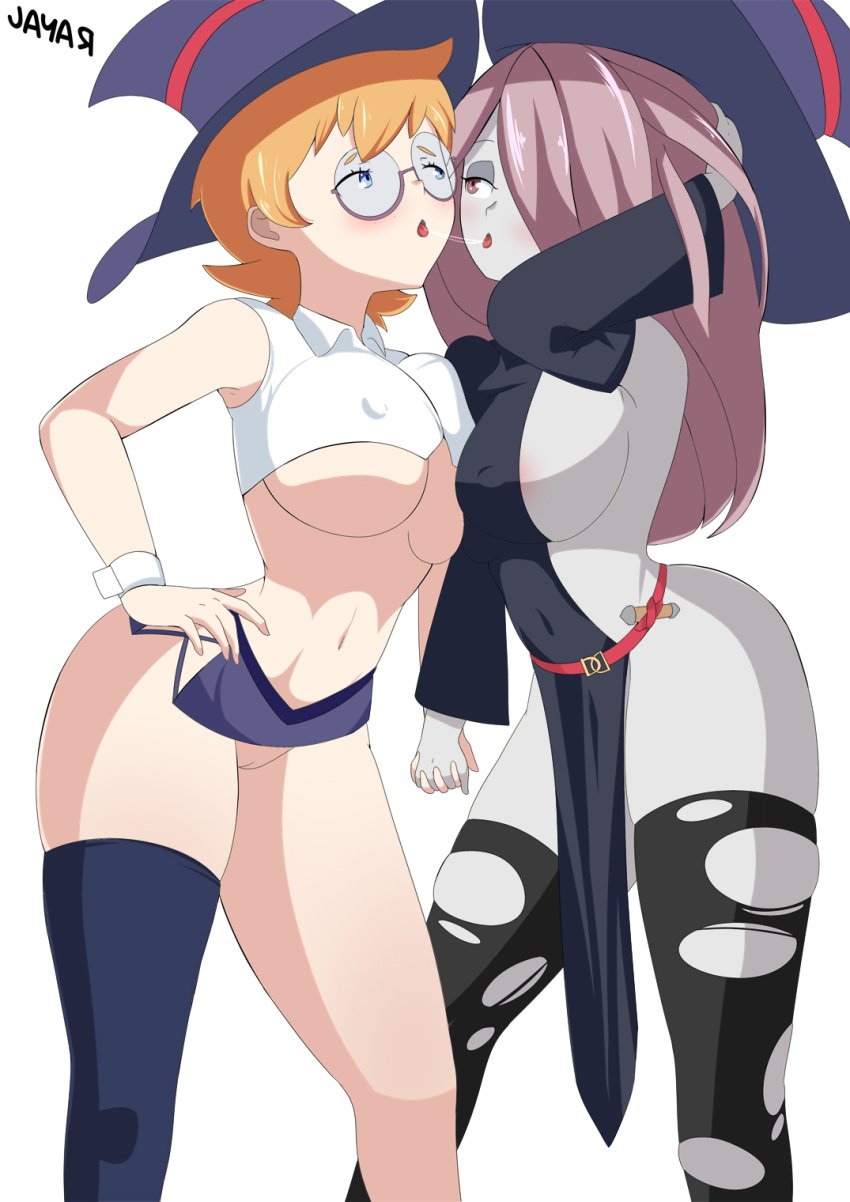 2girls ass blonde_hair blue_eyes breasts ecchi glasses jaya_raya little_witch_academia long_hair lotte_yansson miniskirt modified_costume multiple_girls nipples purple_hair red_eyes short_hair sucy_manbavaran thick_thighs tights vagina witch witch_hat