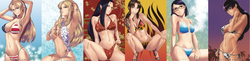 6+girls 6girls american_flag american_flag_bikini arms_behind_head balalaika bikini bikini_pull black_hair black_lagoon blonde_hair blue_eyes breasts brown_eyes burn_scar casual_one-piece_swimsuit cleavage copyright_name din_(raiden) earrings eda_(black_lagoon) fat_breasts female female_only flag_print flame_print flat_belly floral_print glasses grin hairband hand_on_own_head hand_on_own_neck highres jewelry large_breasts li_xinlin long_hair long_image looking_at_viewer multiple_girls nature navel o-ring_bikini one-piece_swimsuit outdoors purple_hair rectangular_glasses red-framed_glasses revy roberta_cisneros scar shenhua short_hair side-tie_bikini sidelocks sky smile swimsuit tan tanline tattoo wide_image