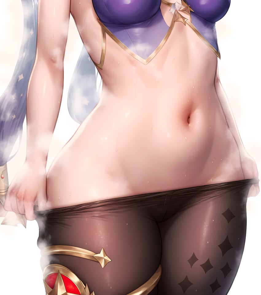 18g35bx 1girls ai_generated ass bangs bare_arms bare_shoulders black_legwear black_pantyhose blush breasts close-up clothes_pull clothing cowboy_shot female female_only genshin_impact head_out_of_frame legwear leotard long_hair looking_at_viewer lower_body medium_breasts midriff mona_(genshin_impact) navel pantyhose pantyhose_pull shiny shiny_clothes shiny_skin simple_background solo steam steaming_body stomach sweat thighlet thighs tied_hair twintails very_long_hair wet white_background