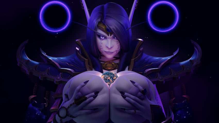 3d between_breasts blender deforming_mesh destruction giantess giga_giantess grabbing_own_breast huge_breasts hyper_breasts looking_at_viewer planet planetary_macro purple_skin space the_war_within vanasmut villainess void_corruption_(warcraft) void_elf world_of_warcraft xal'atath