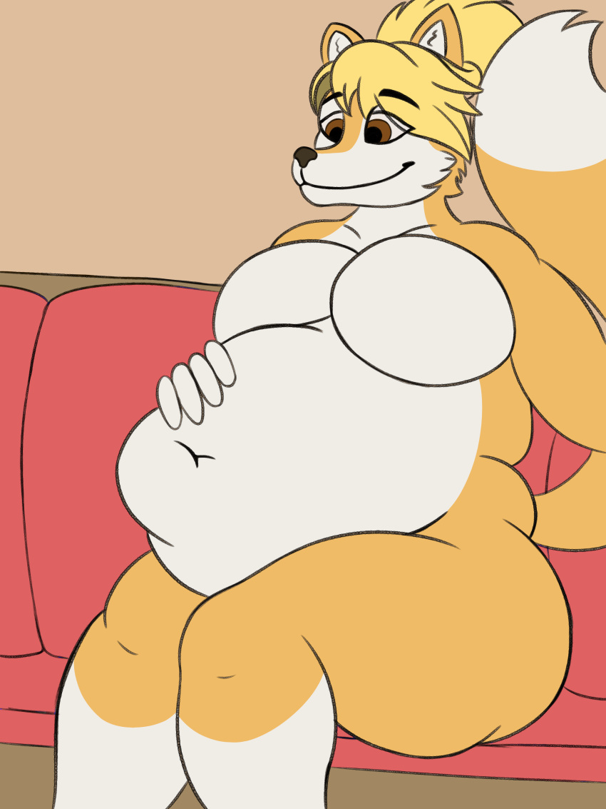 absurd_res anthro ass belly big_belly big_breasts big_butt blonde_hair breasts bulge canid canine duo female fox furniture hair hand_on_belly hi_res jen_(scottc) male male/female mammal nude oral_vore sitting sofa tail vore weks weksoida wide_hips