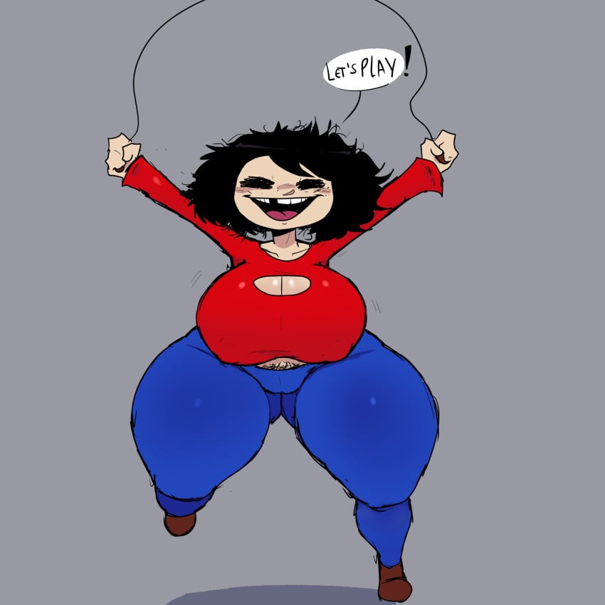 1girls aged_up baldi's_basics_in_education_and_learning baldis_basics big_breasts black_hair blue_pants brown_shoes cleavage female_only gray_background happy jump_rope messy_hair playtime_(baldi's_basics) pubic_hair red_shirt smiling solo speech_bubble trz_lettuce