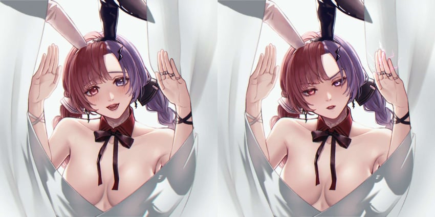 1girls angon623_(artist) behind_curtain big_breasts blush bowtie bunny_ears curtains electricity hair_ornament heterochromia hiding_breasts looking_at_viewer luvia_ray_(path_to_nowhere) no_bra nude path_to_nowhere pink_eyes pink_hair purple_eyes purple_hair split_personality tsundere twintails white_background