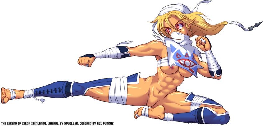 1girls abs areola artist_name bandage barefoot blonde_hair breasts cleavage earrings feet hoop_earrings long_hair muscle muscular navel nintendo nipples ocarina_of_time pointy_ears pussy red_eyes sheik sheikah soles the_legend_of_zelda toes xplotter