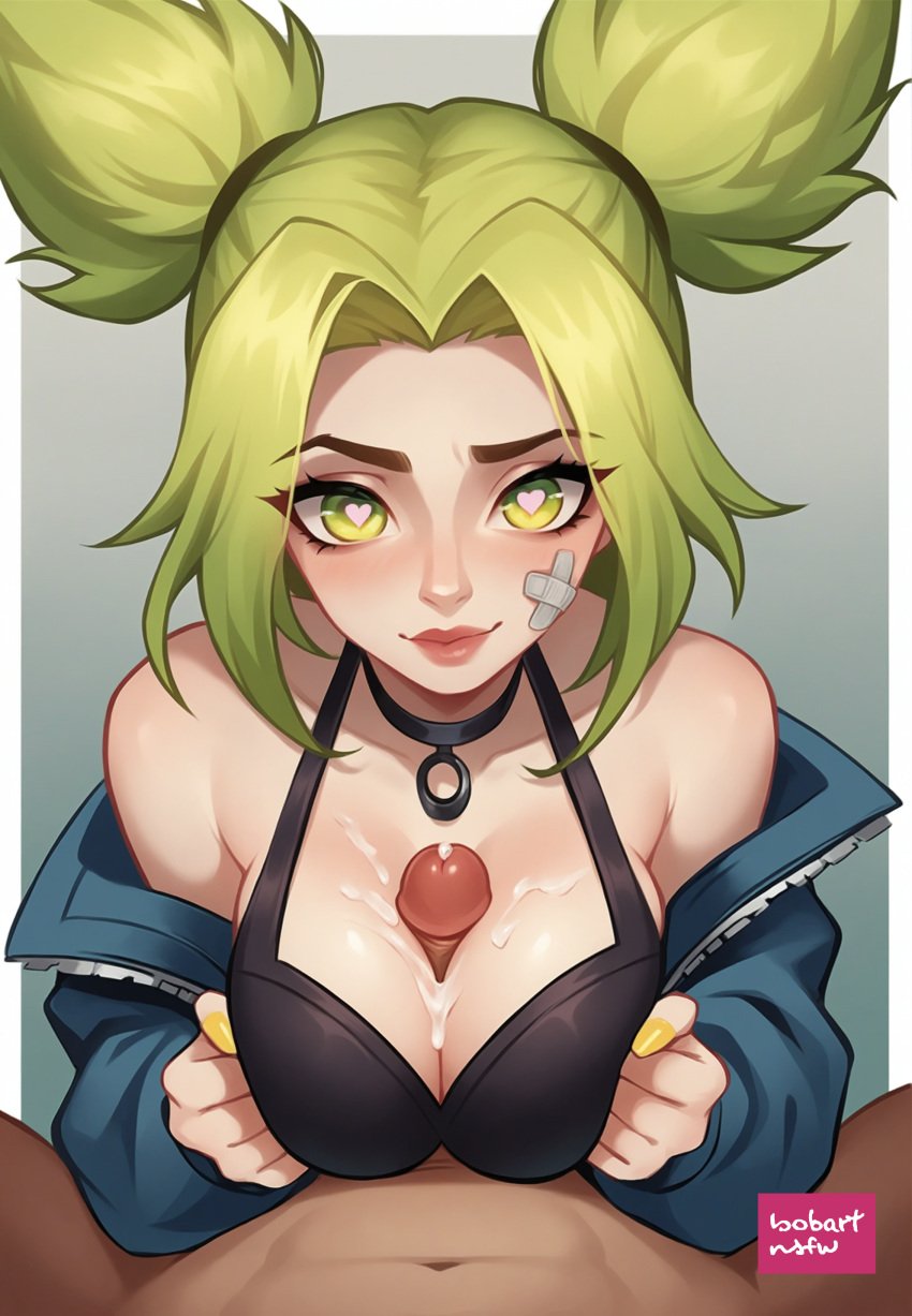 1boy 1girls after_paizuri ai_generated bandage bandage_on_face blue_jacket bobartnsfw breasts choker cleavage cooperative_paizuri cum cum_between_breasts female green_hair heart-shaped_pupils jacket large_breasts large_penis league_of_legends league_of_legends:_wild_rift long_hair looking_at_viewer male open_jacket paizuri paizuri_under_clothes penis pov pov_crotch simple_background smile smiling solo_focus stable_diffusion symbol-shaped_pupils titjob twintails watermark white_border yellow_eyes yellow_nails zeri_(league_of_legends)