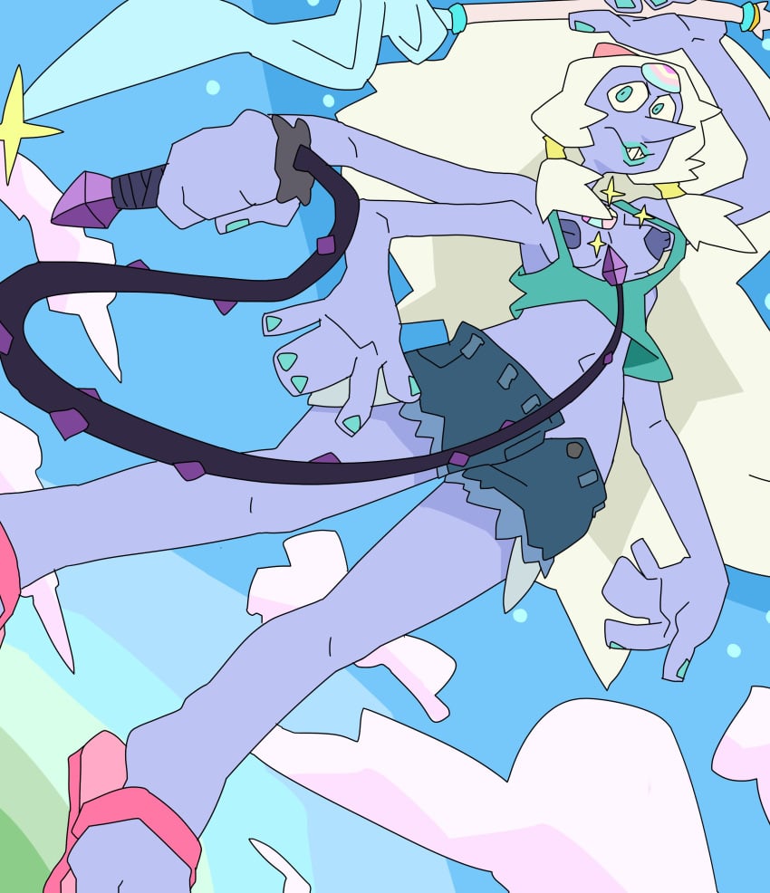 dark_nipples exposed_breasts female female_only fusion gem gem_(species) nipple_slip opal_(steven_universe) peeppepi purple_skin steven_universe wardrobe_malfunction weapon white_hair