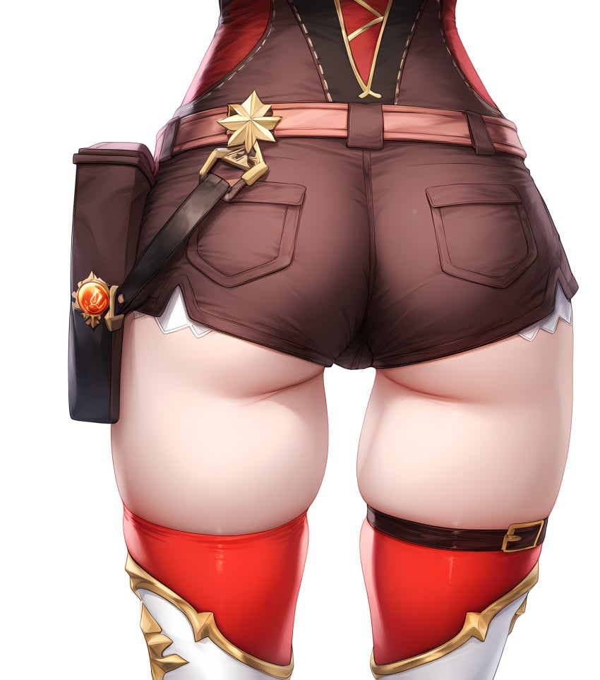 18g35bx 1girls ai_generated amber_(genshin_impact) ass ass_focus belt belt_pouch boots breasts brown_shorts close-up clothing female female female_only from_behind genshin_impact huge_ass legwear looking_at_viewer looking_back pouch red_thighhighs short_shorts shorts simple_background skindentation solo thick_thighs thighhighs thighs vision_(genshin_impact) white_background