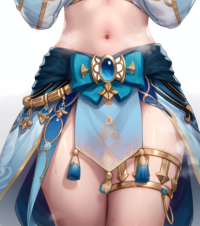 18g35bx 1girls ai_generated bangs blue_gemstone blush bow breasts close-up clothing crop_top female female_only genshin_impact gold_trim harem_outfit head_out_of_frame headwear jewelry long_hair long_sleeves looking_at_viewer lower_body navel nilou_(genshin_impact) pelvic_curtain puffy_long_sleeves puffy_sleeves simple_background skirt solo stomach sweat tassel thighlet thighs vision_(genshin_impact) white_background