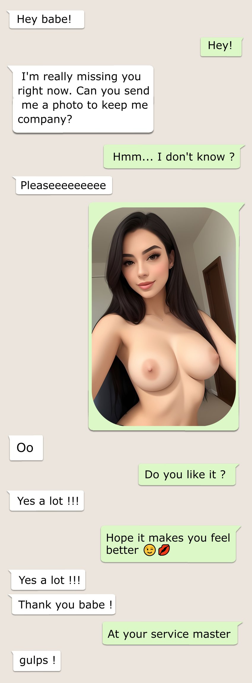 1boy 1girls ai_generated asking_for_it big_breasts black_hair breasts brunette brunette_hair caption deepthroat_request dirty_talk female female_focus female_only gulp hi_res inviting_to_sex kuku kukuyolo long_hair male master nude nude_female oral_insinuation oral_request pale-skinned_female petite pussy reveal revealing revealing_breasts screen_capture screenshot seduction seductive seductive_look seductive_smile self_shot selfie sending_nudes sexting showing showing_breasts slim speech text text_box whatsapp