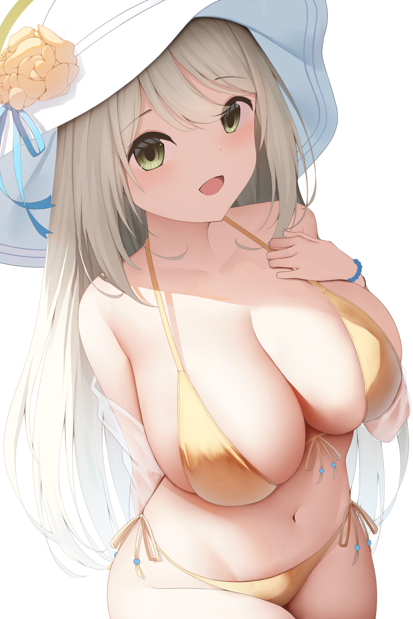 :d absurdres abydos_high_school_student bikini blue_archive blush breasts cleavage cowboy_shot detailed_eyes female foreclosure_task_force_(blue_archive) green_eyes hand_on_own_chest hat highres large_breasts light_brown_hair long_hair looking_at_viewer nonomi_(blue_archive) nonomi_(swimsuit)_(blue_archive) sausage_(qqc33693) side-tie_bikini_bottom simple_background smile solo sun_hat swimsuit white_background white_hat yellow_bikini