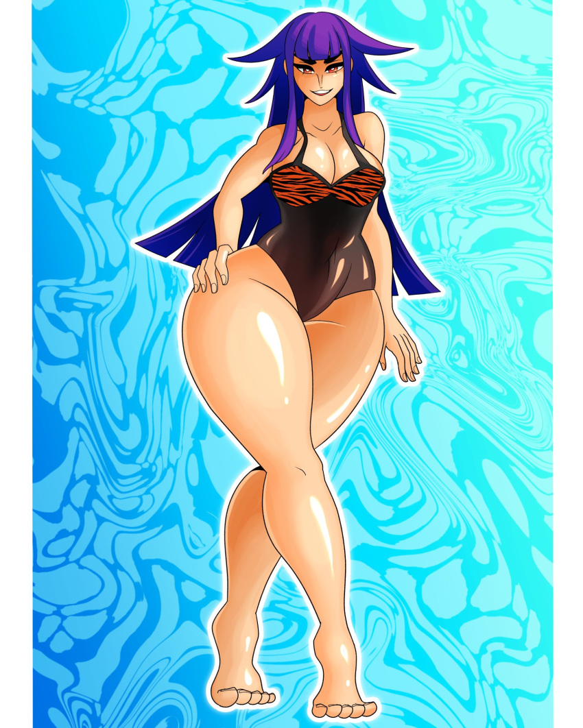 barefoot big_breasts cate_(dual_dragons) curvy dual_dragon female hand_on_hip hips hips_wider_than_shoulders oc one-piece_swimsuit purple_hair red_eyes smile swimsuit thick_thighs tiger_print walking wide_hips