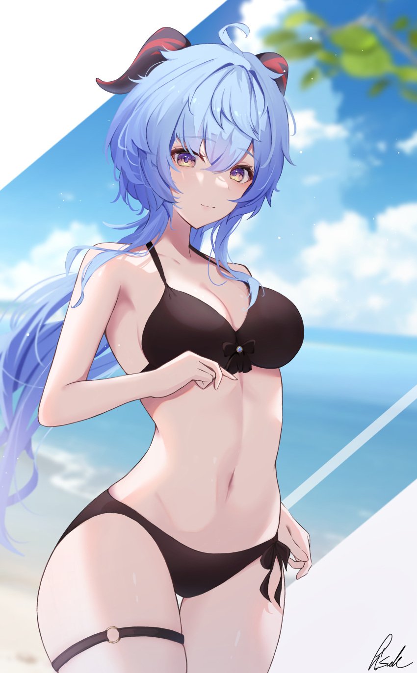 1girls 2d 2d_(artwork) adeptus alternate_costume artist_request beach belly_button bikini bikini_bottom bikini_top black_bikini black_bikini_bottom black_bikini_top black_swimsuit blue_hair bra clouds day female female_focus female_only front_view ganyu_(genshin_impact) genshin_impact high_resolution highres horns hoyoverse light-skinned_female light_skin long_hair looking_at_viewer medium_breasts mihoyo navel ocean sky slim_girl smiling smiling_at_viewer solo solo_female solo_focus standing summer swimsuit thong thong_bikini two_piece_swimsuit water yellow_eyes young younger_female