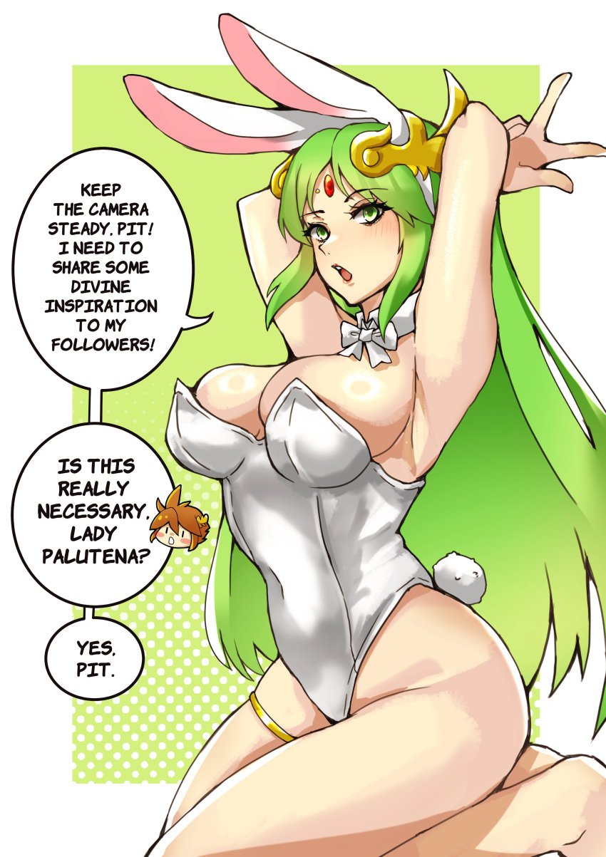 1340smile 1girls breasts bunny_ears bunnysuit dialogue english_text female female_only green_eyes green_hair kid_icarus nintendo palutena solo speech_bubble tagme text