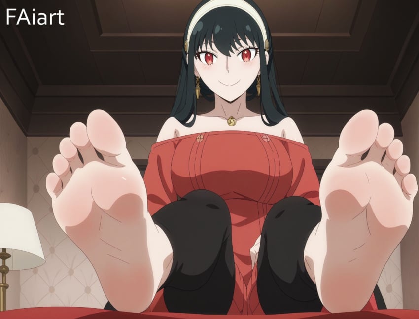 ai_generated black_hair faiart foot_fetish foot_focus looking_at_viewer red_eyes spy_x_family yor_forger